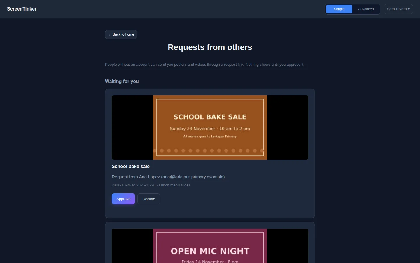 The Simple view page Requests from others. Under Waiting for you, a card shows the School bake sale poster, Request from Ana Lopez, the dates 2026-10-26 to 2026-11-20 and the place Lunch menu slides, with Approve and Decline buttons. The next request, Open mic night, starts below.