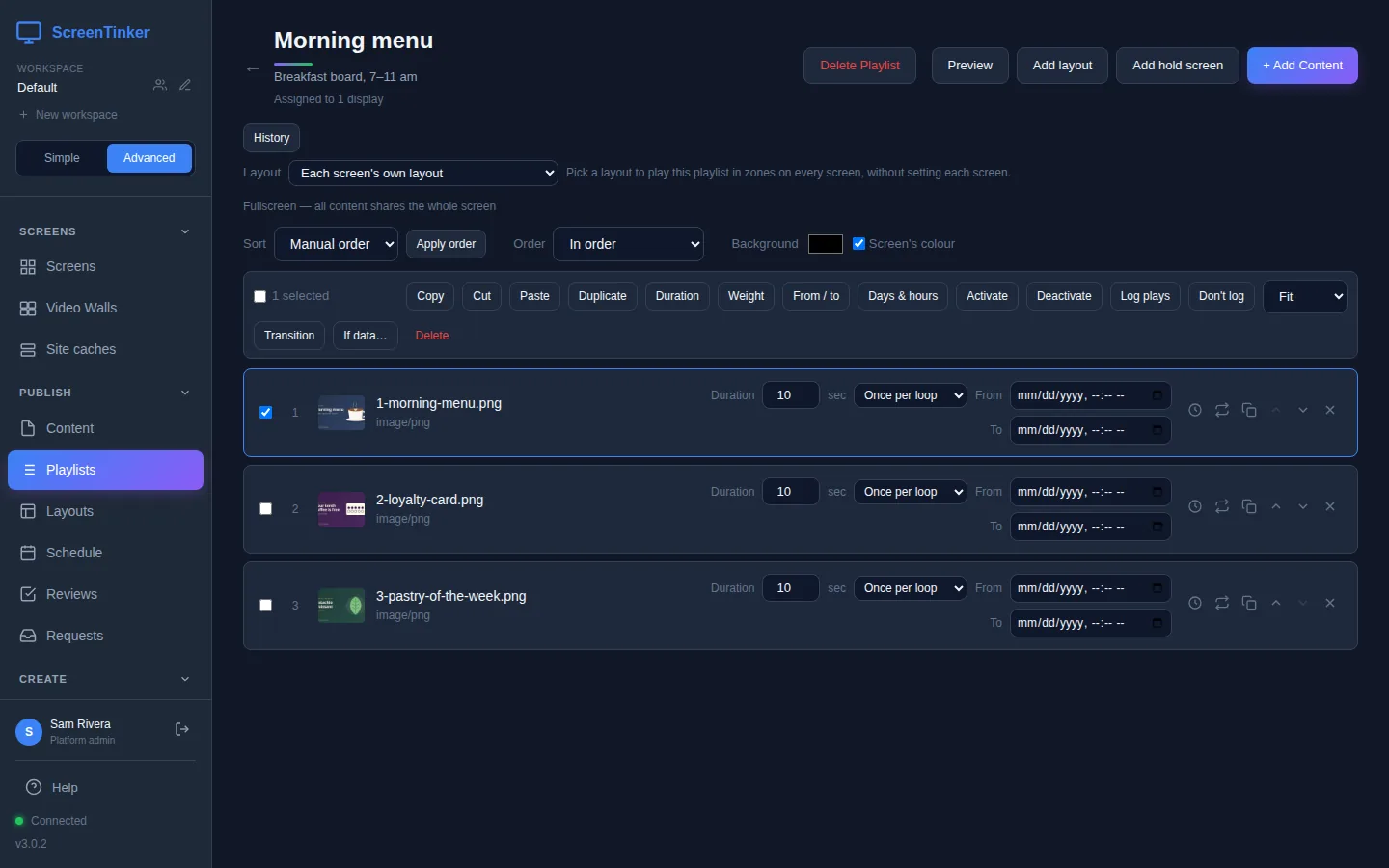 The Morning menu playlist with the first item, 1-morning-menu.png, ticked. The bar above the items says 1 selected and has buttons including Duration, Activate, Deactivate, Log plays and Don't log.